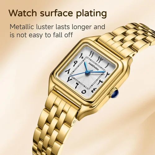 Vista 7 de Relojes dorados para mujer, pulsera pequeña, esfera de números arábigos, correa de acero inoxidable, caja rectangular de cuarzo para mujer, reloj
