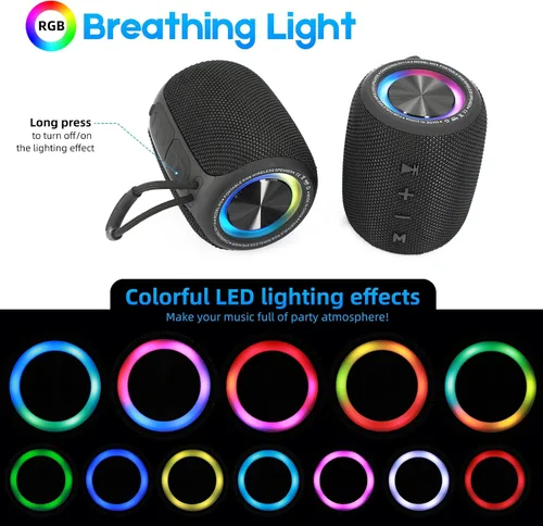 Vista 3 de Altavoz Bluetooth portátil, altavoz inalámbrico BT5.3 de 20W con diafragmas de graves, luces LED multimodos dinámicos, IPX6 resistente al agua