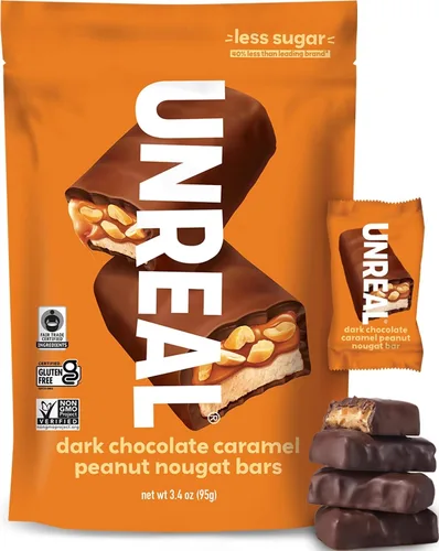 Vista 9 de Unreal - Barras de turrón de cacahuete y caramelo de chocolate oscuro, bolsas de tamaño económico, paquete de 3 Chewy caramel, organic peanuts and