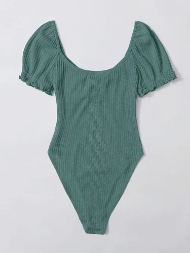 Vista 2 de Milumia Body de punto acanalado con manga abombada y cuello corazón para mujer