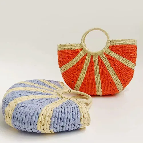 Vista 7 de Bolsos de paja de ratán semicírculo, tejido a mano para mujer, bolso de asas retro de paja de verano, bolso cruzado colorido, bolso bohemio