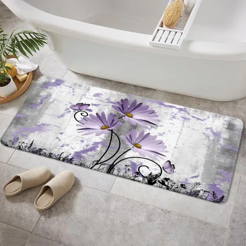 Vista 9 de Alfombra de baño rústica de granja, diseño de margaritas y mariposas en madera de campo, tapete de baño de madera color gris, blanco, azul marino