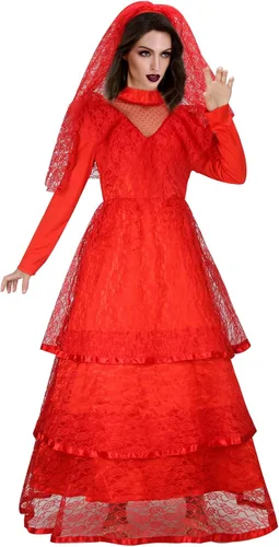 Vista 2 de ZIFUNMUR Vestido de novia gótico rojo para mujer, vestido de boda para adultos, encaje gótico, Halloween, cosplay, vestido de velo