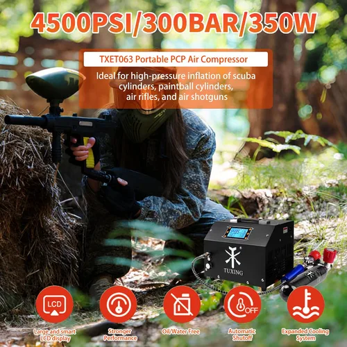 Vista 7 de TUXING Compresor de Aire PCP, Versión con Pantalla LCD, Parada Automática 4500Psi/30Mpa, Sin Aceite/Agua, Bomba con Transformador/Sistema de Drenaje