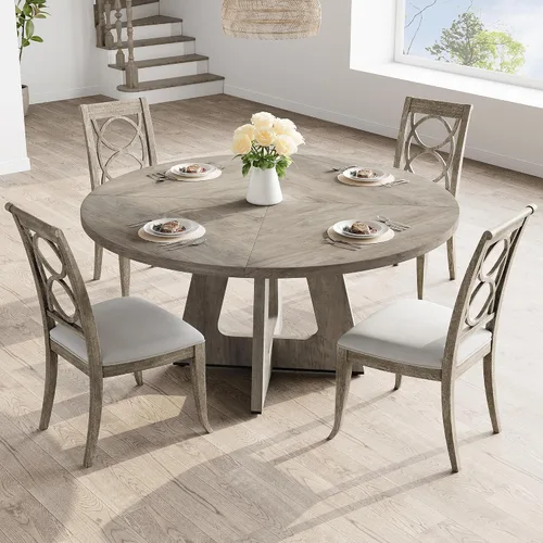 Vista 3 de GarveeHome Juego de mesa de comedor redonda grande de 47 pulgadas para 4 a 6, mesa de comedor de granja con parte superior y patas de madera