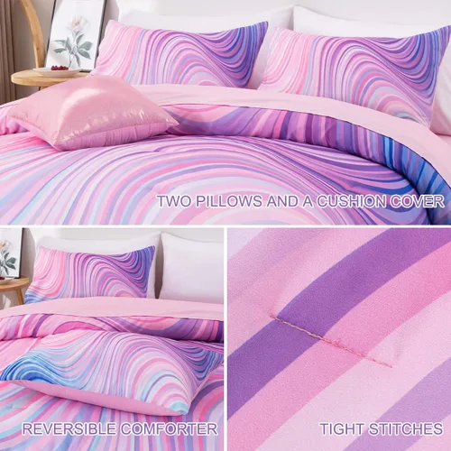 Vista 6 de Btargot Juego de edredón súper suave de 6 piezas con patrón de estrellas en degradado y anillo, juego de ropa de cama con rayas onduladas