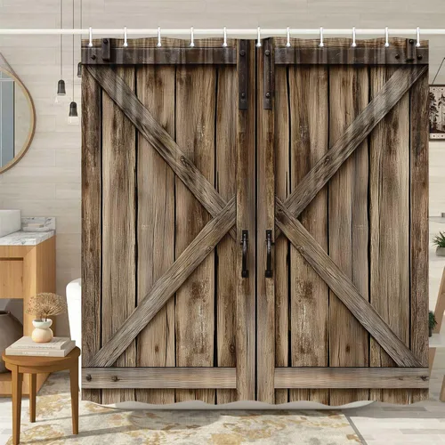 Vista 28 de Cortina de ducha de puerta de granero de madera rústica, 60 x 70 pulgadas, beige
