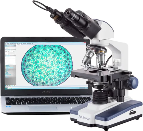 Vista 4 de AmScope B120B-E - Microscopio compuesto binocular Siedentopf digital, aumento 40X-2000X, campo brillante, iluminación LED, condensador Abbe, etapa