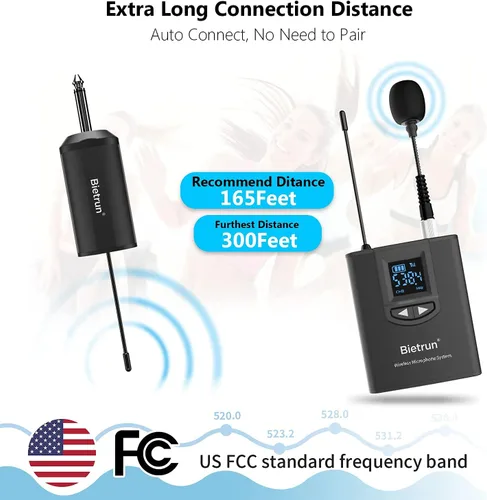 Vista 2 de Bietrun - Sistema de micrófono inalámbrico UHF Lavalier de solapa/micrófono para auriculares/micrófono de soporte, rango de 50.3 metros, transmisor
