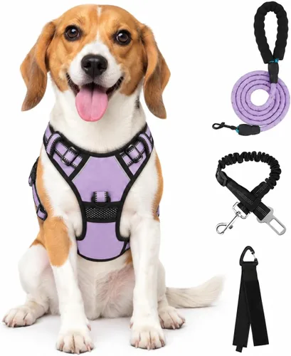 Vista 18 de FURRYFECTION Plaid Dog Harness with Leash and Seat Belt Set, Beige&White, M Tartán beige