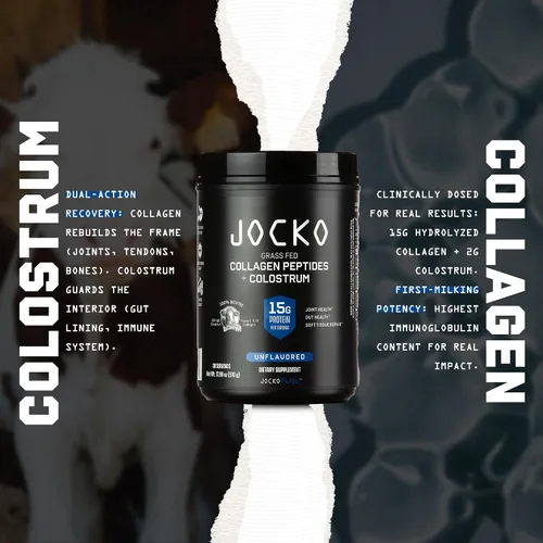 Vista 8 de Jocko Fuel Colágeno en polvo con calostro – 0.55 oz de colágeno hidrolizado + 0.07 oz de calostro de primer ordeño – Doble acción para la salud