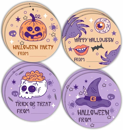 Vista 8 de 40 etiquetas redondas de Halloween, calcomanías redondas con tema de boceto de 2 pulgadas para envoltura de Halloween, 4 estilos de calavera