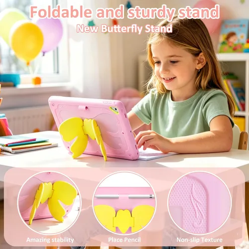 Vista 3 de Funda para iPad 6th/5th/air2/Pro de 9.7 pulgadas para niños y niñas, con correa, color rosa Soporte para lápices integrado, duradero, resistente