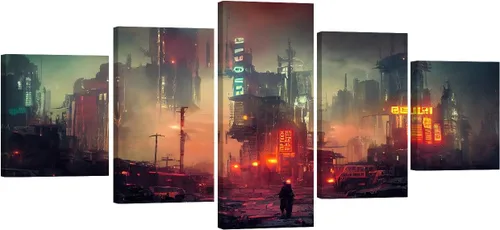 Vista 61 de Lienzo decorativo para pared, diseño de ciudad futurista Cyberpunk para sala de estar, impresión multipanel, obra de arte de cocina, pintura