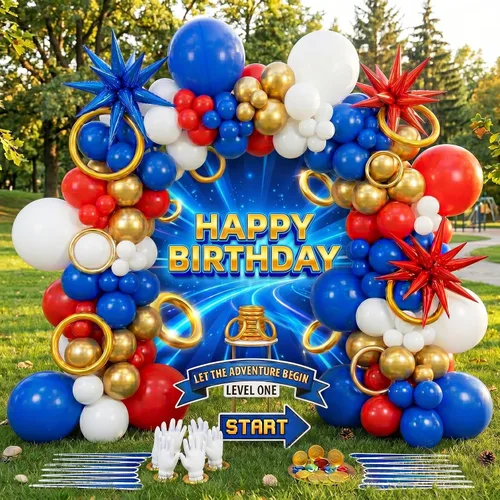 Vista 5 de Kit de guirnalda de arco de globos de oro azul con globos de estrella para decoración temática de superhéroes, decoración de cumpleaños para niños