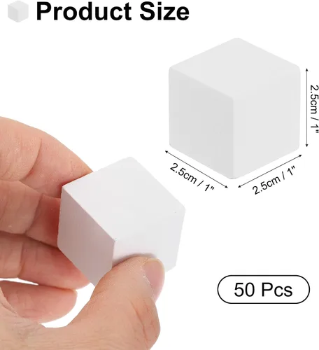 Vista 2 de uxcell 50 bloques de madera para manualidades, cubo de madera sin terminar de 1 pulgada, bloque cuadrado de madera de pino para proyectos de Blanco