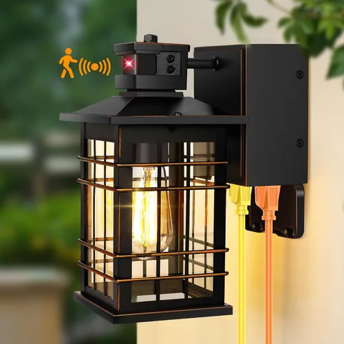Vista 8 de Lámpara exterior con sensor de movimiento para montaje en pared, de bronce aceitado del anochecer al amanecer, impermeable, con base E26, linterna