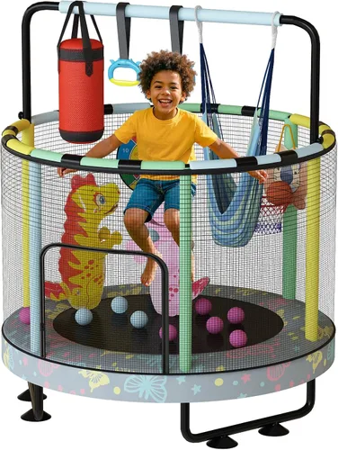 Vista 10 de LAMERGE Trampolín redondo 7 en 1 de 55 pulgadas para niños y niñas de 1 a 8 años, trampolín para interiores y exteriores para diversión, barandilla