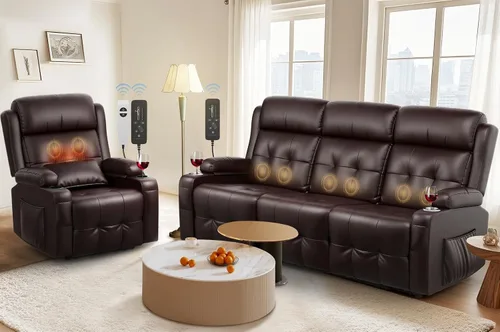 Vista 17 de Sofá reclinable manual de dos plazas, sofá reclinable de pared con masaje, puertos USB y tipo C, almacenamiento, portavasos, sofá RV para sala