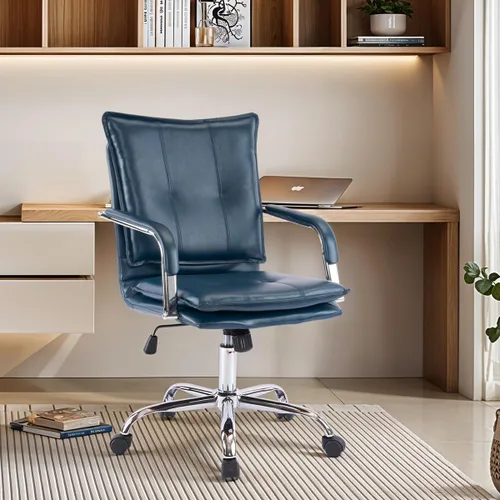 Vista 15 de MOJAY Silla de escritorio ergonómica de cuero con respaldo medio, moderna silla tapizada para computadora, silla de oficina ejecutiva con brazos