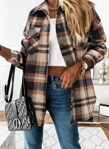 Vista 3 de Beaully - Chamarras casuales a cuadros para mujer, de franela cepillada, con botones, camisa con bolsillos