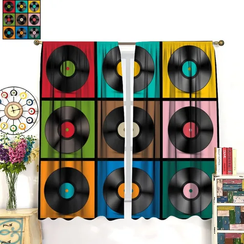 Vista 4 de Cortinas de música retro, discos musicales, álbum musical, guitarra de rock, decoración de bolsillo para barra, tratamientos de ventana para niños