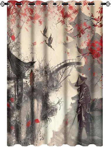 Vista 17 de Cortinas opacas abstractas japonesas samuráis para dormitorio, caballo samurái rústico, rojo, ojal, aislamiento térmico, cortinas de oscurecimiento