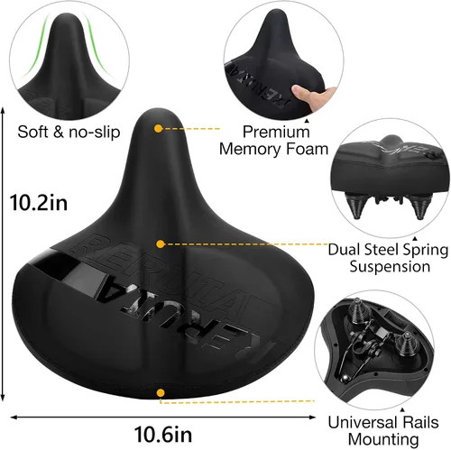 Vista 3 de Asiento de bicicleta grande y cómodo, sillín ancho con absorción de impactos, cojín de bicicleta de ejercicio de gran tamaño con espuma