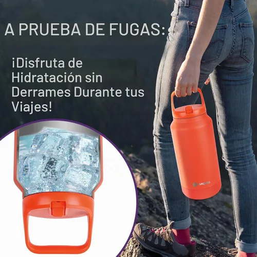 Vista 2 de Botella de agua aislada de 64 onzas, vaso de acero inoxidable al vacío de medio galón con tapa abatible con popote y asa superior, mantiene las Caqui