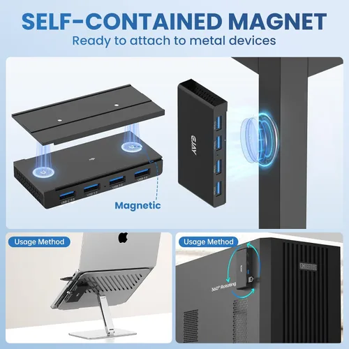 Vista 3 de EJAY Hub USB 3.0 magnético, concentrador USB de 4 puertos con cable de datos de 59 pulgadas, concentrador magnético de resistencia industrial