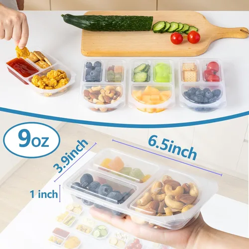 Vista 3 de TAIHUIMY 9oz Recipientes reutilizables para bocadillos con tapas para niños, nuevos contenedores de preparación de comidas de 3 compartimentos