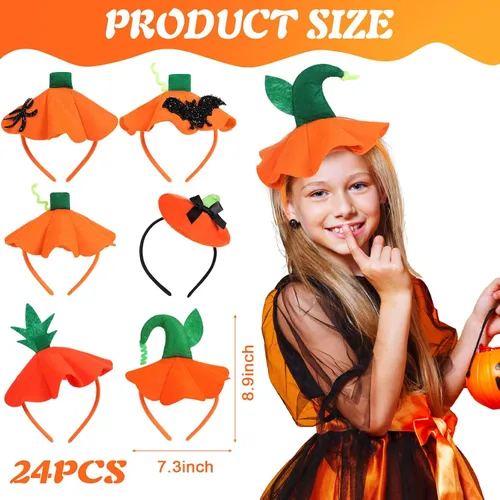 Vista 2 de Tigeen 24 diademas de calabaza de Halloween, diadema de tallo de calabaza, sombrero de calabaza para mujer, bandas para el cabello para mujeres