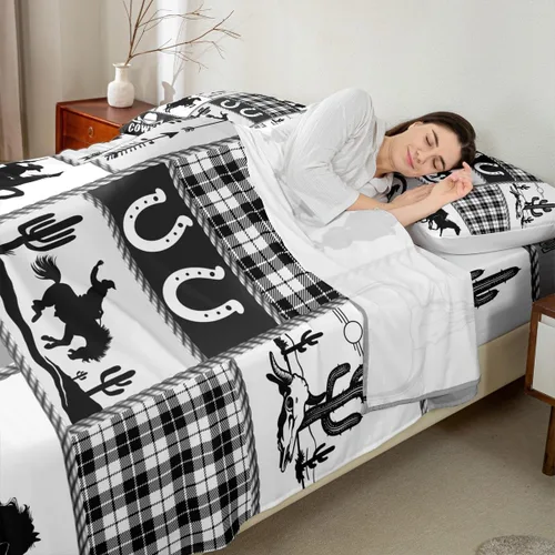 Vista 2 de Juego de sábanas para niños estilo vaquero occidental tamaño individual, juego de ropa de cama con diseño geométrico de cactus, decoración