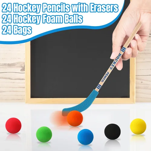 Vista 6 de 72 piezas de recuerdos de fiesta de hockey incluyen 24 lápices de hockey con borradores, 24 bolas, 24 bolsas, lápices, bolas de espuma, regalos