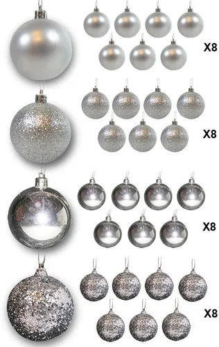 Vista 7 de Adornos de bola de Navidad – 32 adornos plateados – Decoración navideña inastillable – Bolas colgantes – Cuatro acabados – Brillante, Brillante