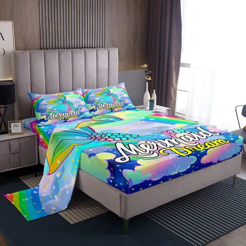 Vista 19 de Juego de sábana bajera ajustable de teñido anudado para niñas, juego de ropa de cama con diseño de arco iris degradado de arcoíris, lindo juego