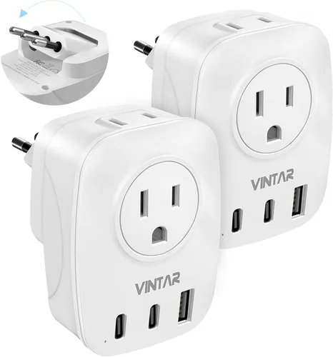Vista 17 de Paquete de 2 adaptadores de enchufe de Sudáfrica, adaptador de enchufe VINTAR tipo M con 1 USB C, 3 puertos USB y 2 enchufes estadounidenses