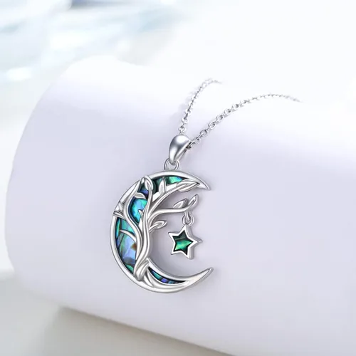 Vista 3 de PCTJYFU Collar de plata de ley 925 con colgante de árbol de la vida, estrella de abulón, luna y árbol de la vida, joyería familiar, regalos