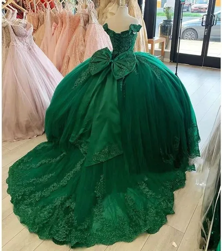 Vista 5 de PFTFB Vestidos de quinceañera con hombros descubiertos para mujer, vestidos de tul hinchados con tren, encaje y cuentas, vestido largo de baile