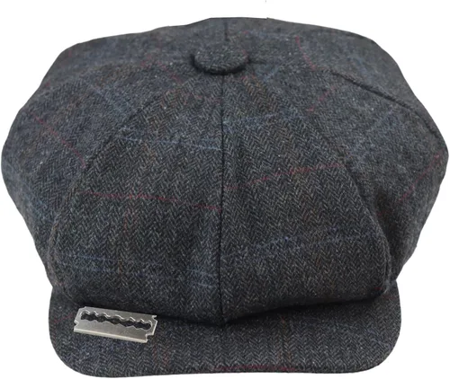 Vista 5 de Mens 8 Panel Razor Baker Boy Sombrero Lana Tweed Blinders Newsboy Gorra plana Azul Check Charcoal