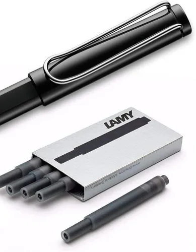 Vista 3 de Lamy Safari pluma estilográfica (M) y 5 cartuchos de tinta negra, Negro