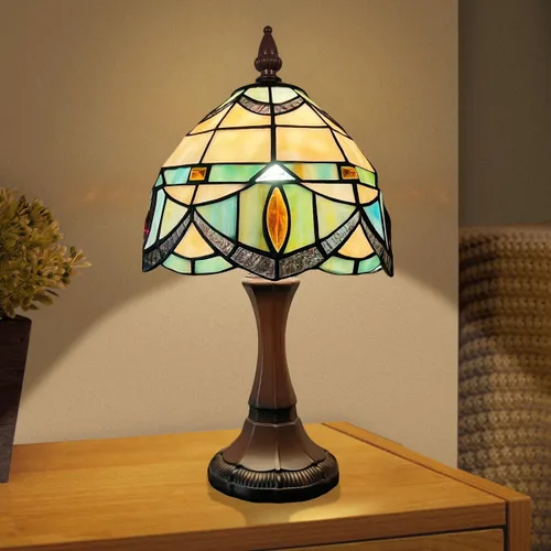 Vista 5 de Tiffany - Lámpara de mesa pequeña con vitrales, luz de mesa de estilo antiguo, lámpara de noche vintage para sala de estar, dormitorio, mesita