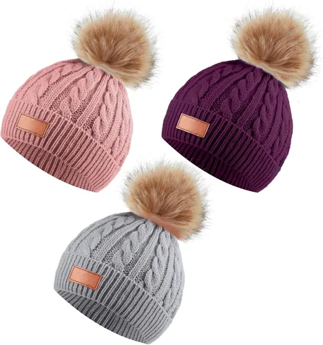 Vista 9 de Gorro de lana de punto para niños de 3 piezas, gorro de invierno cálido con pompón desmontable para niñas de 1 a 3 años
