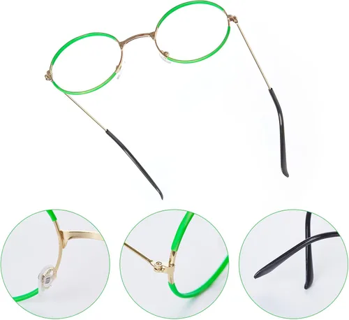 Vista 5 de Gafas verdes con marco de metal redondo sin lente con pompón azul pendientes con clip bolsa de monedero accesorios para disfraz