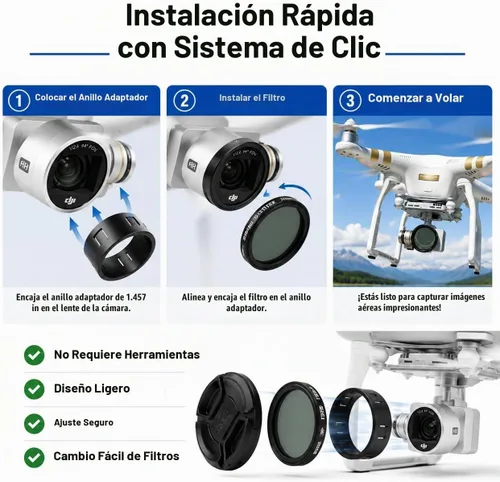 Vista 7 de Kit de filtro de 1.457 in para drones DJI Phantom serie 3. El kit incluye: CPL, ND4, ND8, UV, tapa de lente, protector de tapa + paño de microfibra