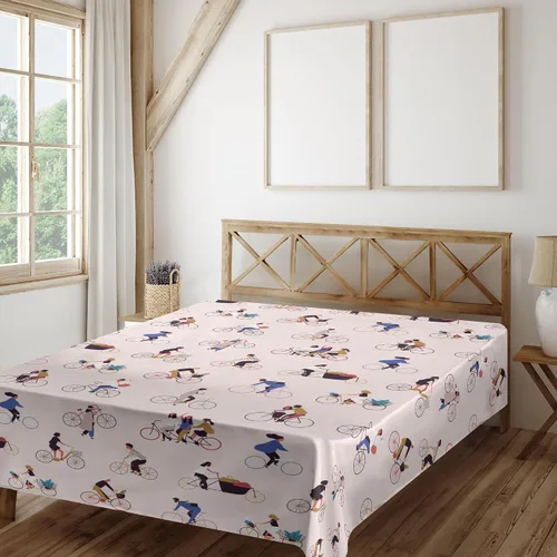 Vista 2 de Ambesonne Bicycle Flat Sheet, Men and Women People Riding Bikes Repetition on Pastel Toned Background, Soft and Comfortable Top Sheet Decorative