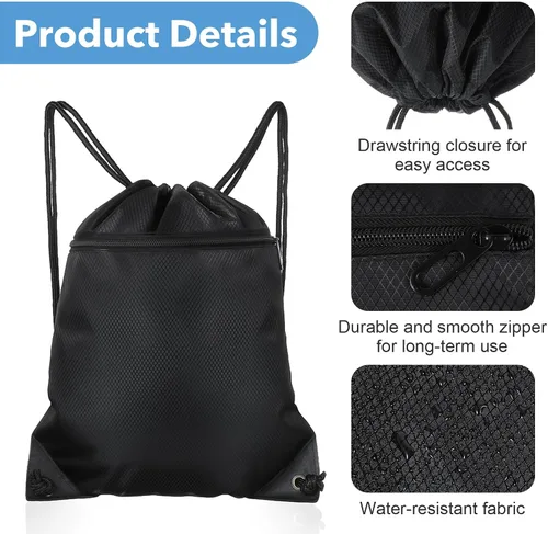 Vista 4 de Black Drawstring Backpack Bag Draw String Back Bag for Men Women, Lightweight Cinch Sack Sport Gym Backpack Bags for Beach Travel Yoga Swimming