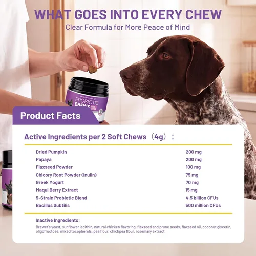 Vista 8 de Probióticos para perros, probióticos masticables y picor intestinal digestivo, probióticos para la piel, alivio de la picazón, diarrea, 50 tabletas