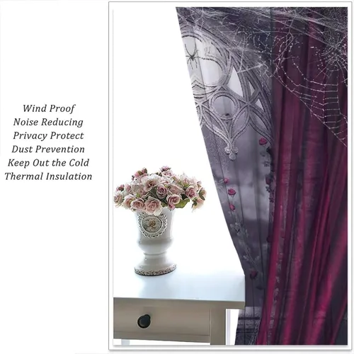 Vista 5 de Cortinas opacas góticas, diseño de calavera de terror de palacio retro, fondo de rosas rojas, sala de estar, dormitorio, cocina, cortinas de ventana