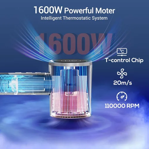 Vista 4 de Secador de pelo de alta velocidad de 110,000 RPM para secado rápido, secador de pelo iónico con difusor, boquilla magnética y pantalla LED, secador